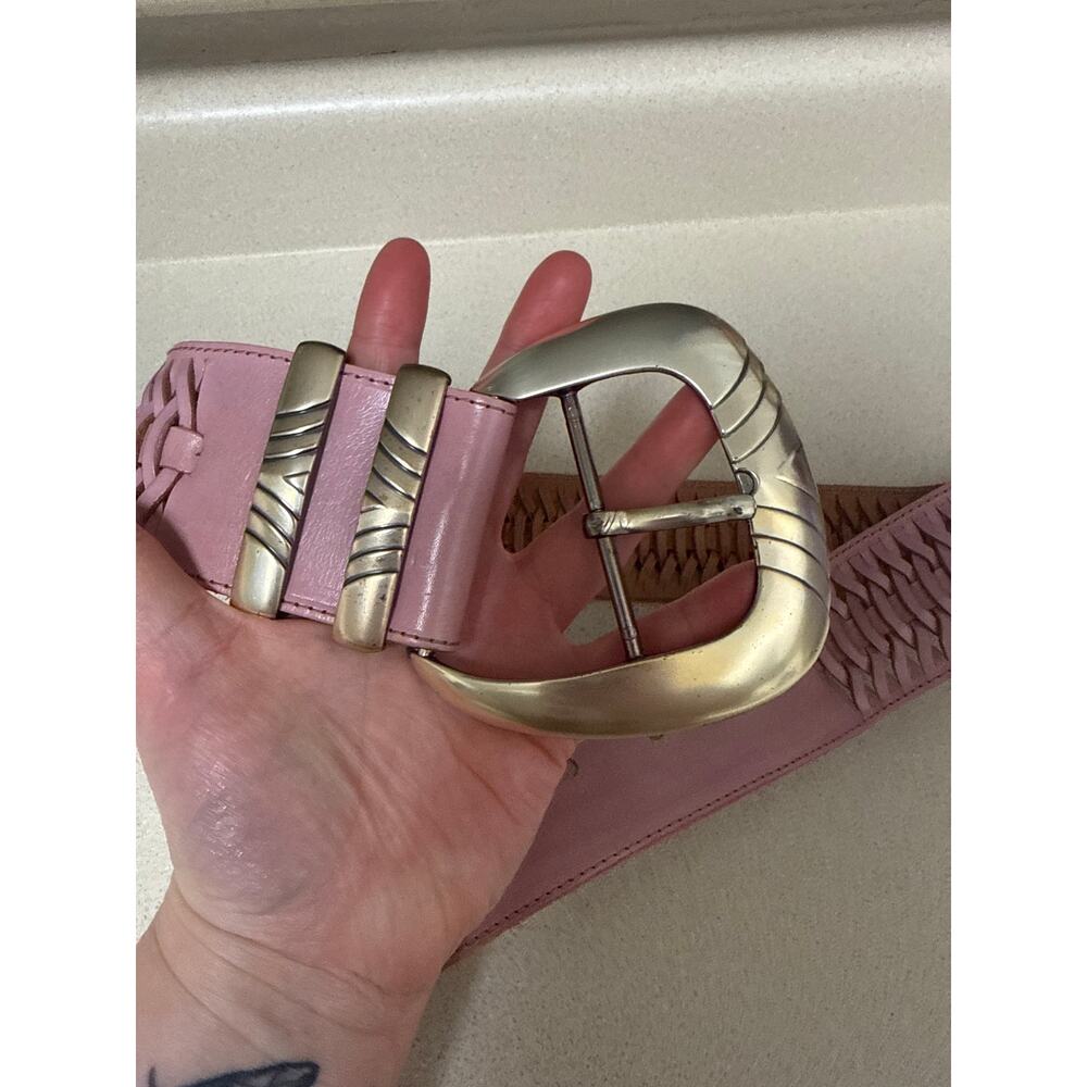 Vintage Y2K AVION Boho Baby Pink Leather Big Buckle Wide Sling Belt Size Small - Picture 4 of 6